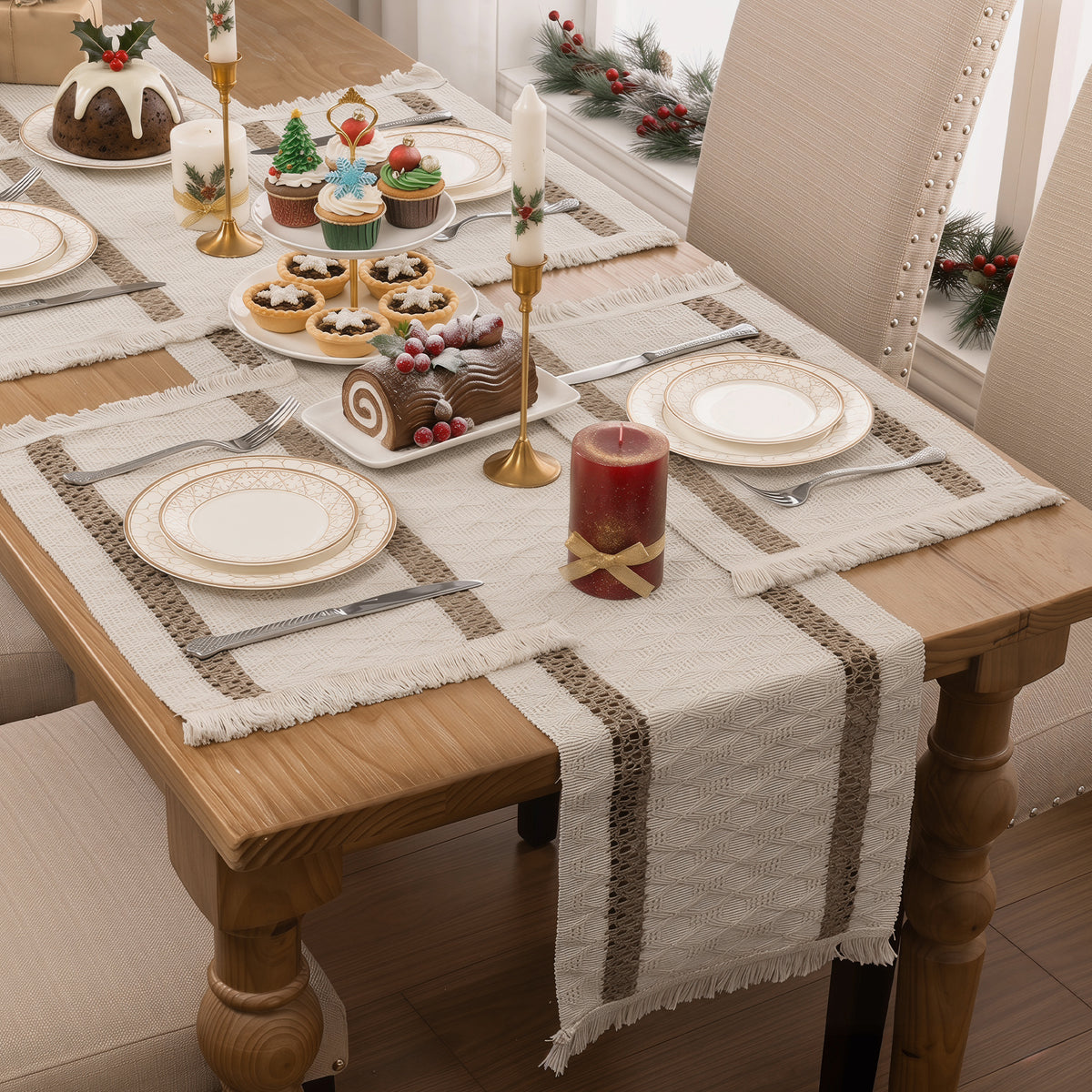 MeyJey 5 Pcs Table Runner and Placemats Set, Washable Fabric Rectangle Dining Table Mats with Tassels for Dining Tables, Kitchen, khaki