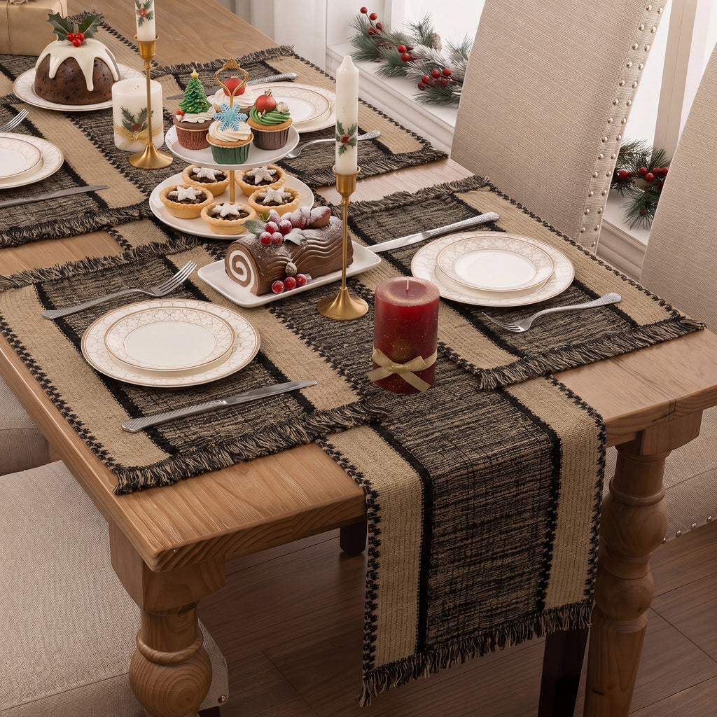 MeyJey 5Pcs Table Runner and Placemats Set, Washable Fabric Rectangle Dining Table Mats with Tassels for Dining Tables, Kitchen, Black/Beige