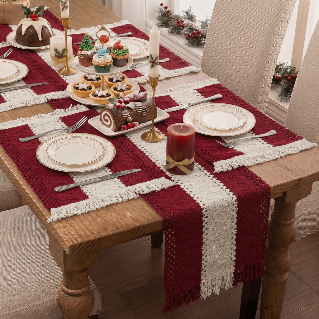 MeyJey 5Pcs Table Runner and Placemats Set, Washable Fabric Rectangle Dining Table Mats with Tassels for Dining Tables, Kitchen, Red