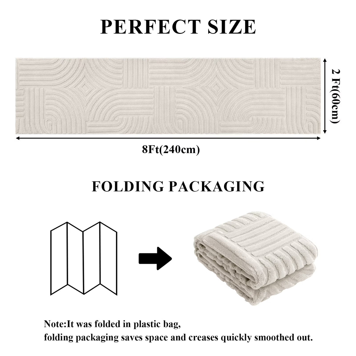 MeyJey Runner Rug for Hallways, Non Slip Modern Jacquard Textured Rugs Soft Geometric Rug for Entryway Bathroom Laundry Dorm, Beige