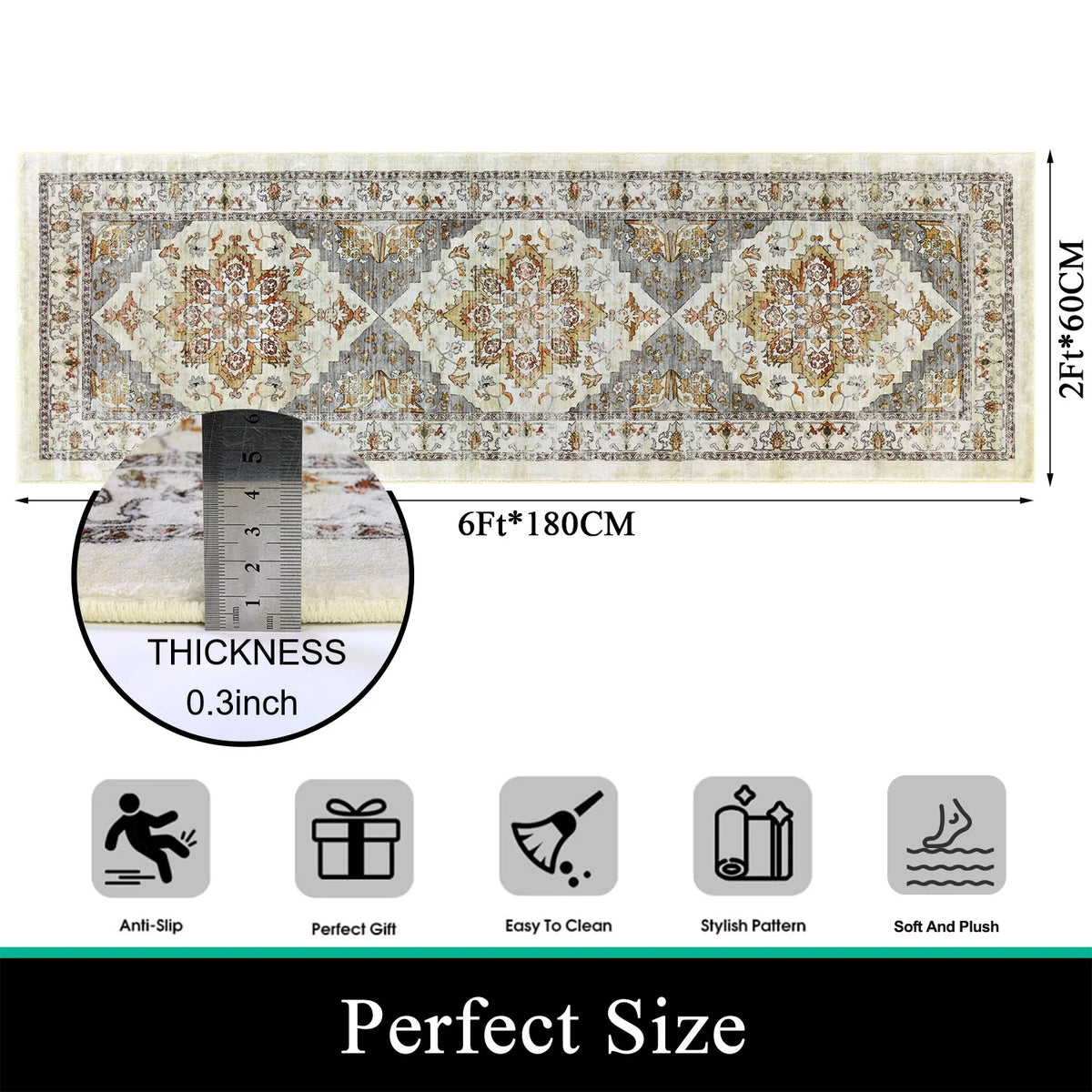 MeyJey 2'x6' Persian Vintage Runner Rug for Hallways, Non-Slip Machine Washable Area Rug Indoor Carpet Distressed Oriental Floor Rug for Bedroom/Dining/Living/Laundry Room