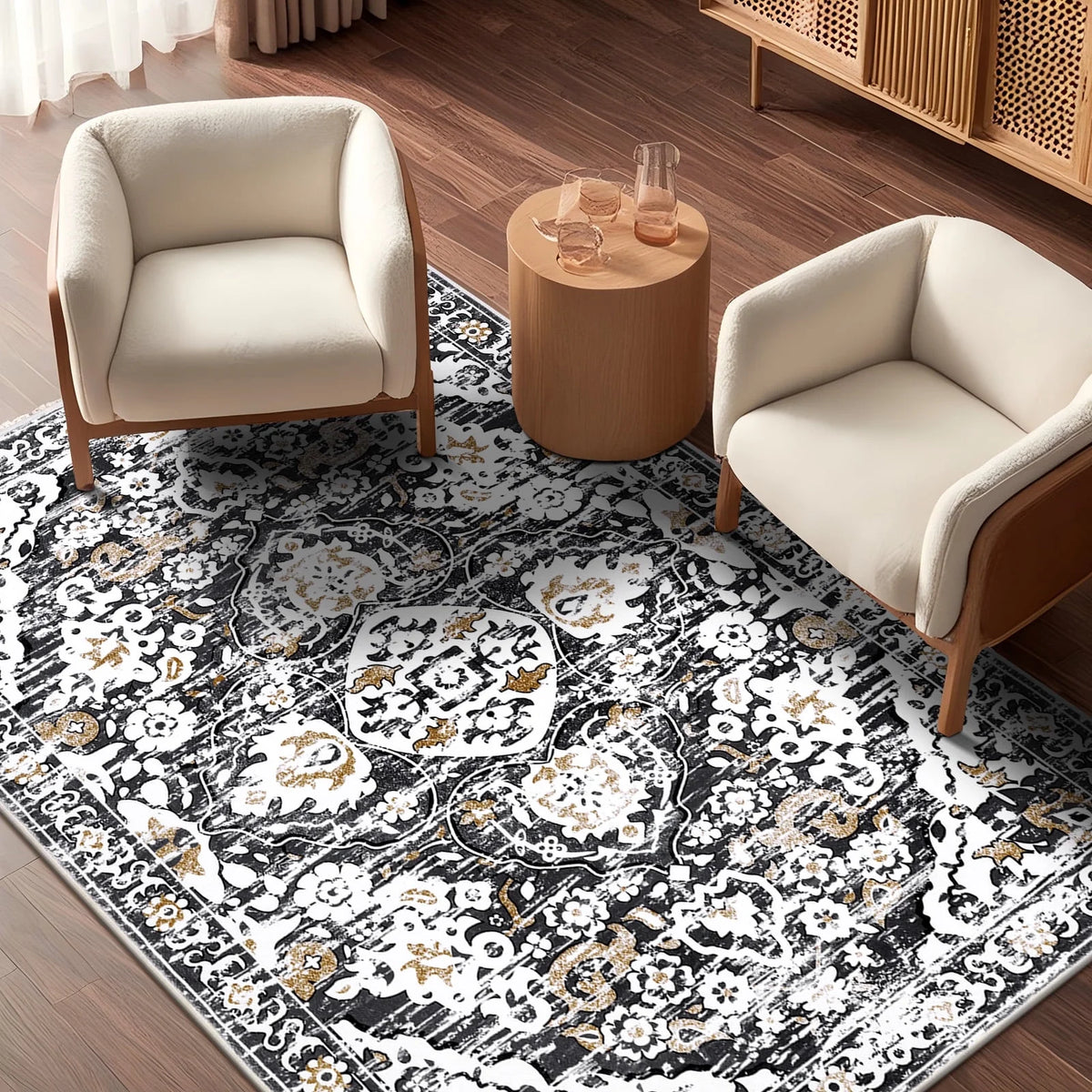 MeyJey Boho Indoor Living Room Area Rug, Non-Slip Machine Washable Vintage Oriental Distressed Floor Carpet for Bedroom Dining Kitchen Hallway Nursery, Gray/Brown