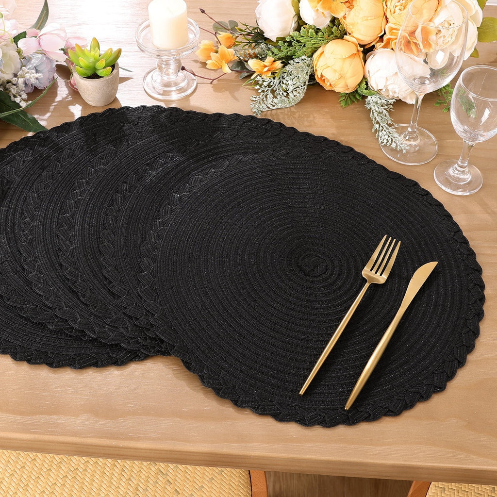 MeyJey 15" Braid Round Placemat Set of 6, Large Cotton Woven Non-Slip Placemat Set of 6 Heat Resistant Placemat 6 Piece, Coffee