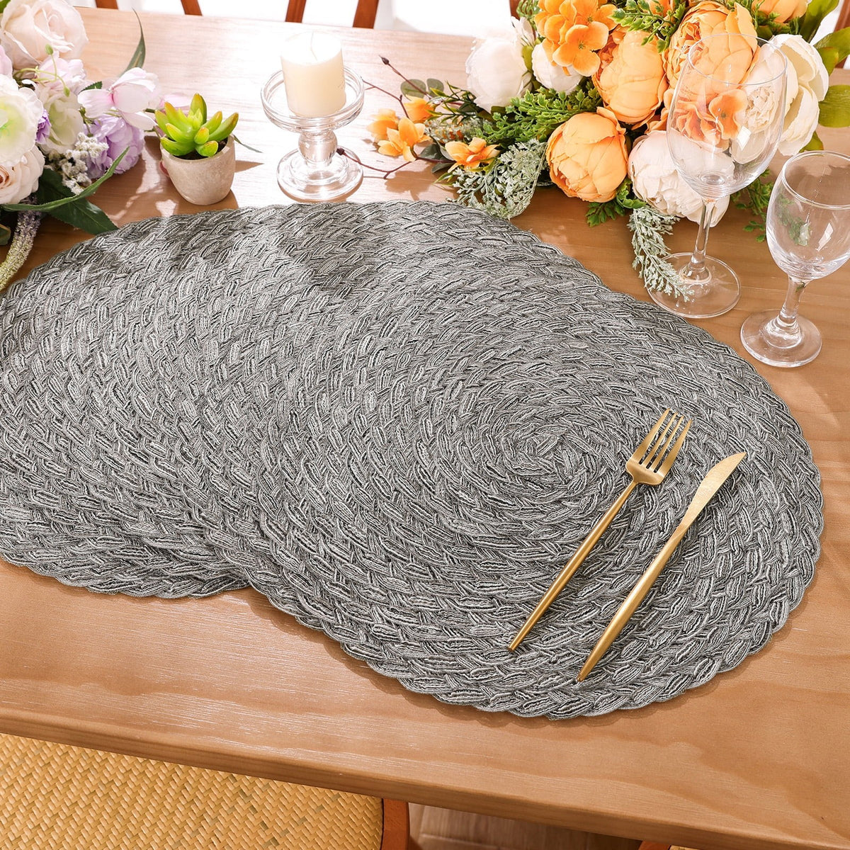 MeyJey 15" Braid Round Placemat Set of 6, Large Cotton Woven Non-Slip Placemat Set of 6 Heat Resistant Placemat 6 Piece, Coffee