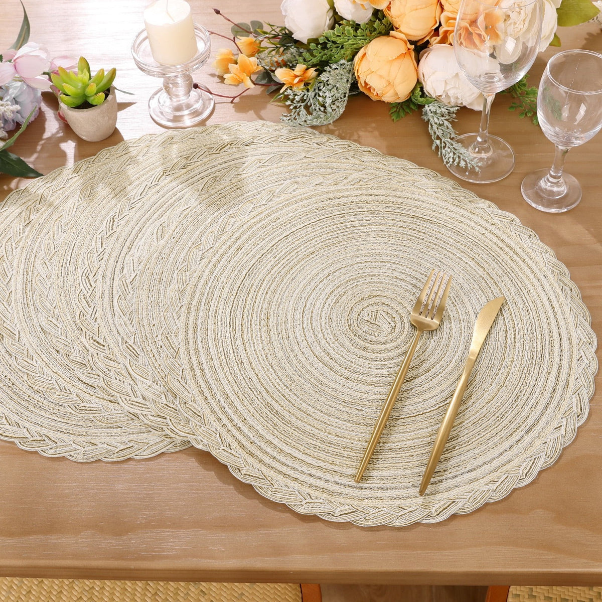 MeyJey 15" Braid Round Placemat Set of 6, Large Cotton Woven Non-Slip Placemat Set of 6 Heat Resistant Placemat 6 Piece, Coffee