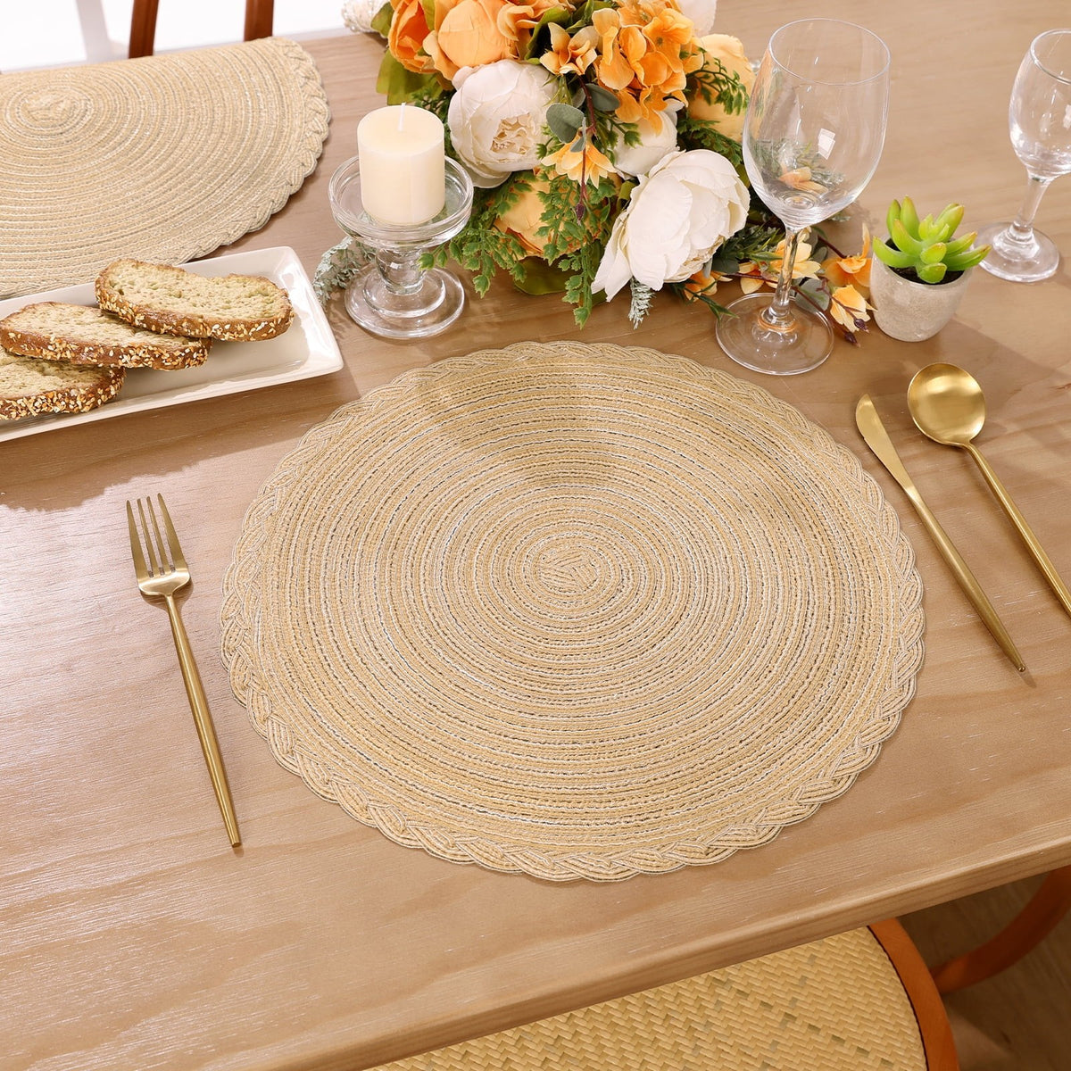 MeyJey 15" Braid Round Placemat Set of 6, Large Cotton Woven Non-Slip Placemat Set of 6 Heat Resistant Placemat 6 Piece, Coffee