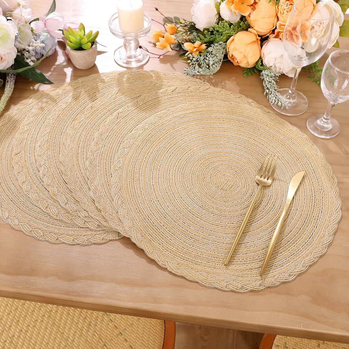 MeyJey 15" Braid Round Placemat Set of 6, Large Cotton Woven Non-Slip Placemat Set of 6 Heat Resistant Placemat 6 Piece, Coffee