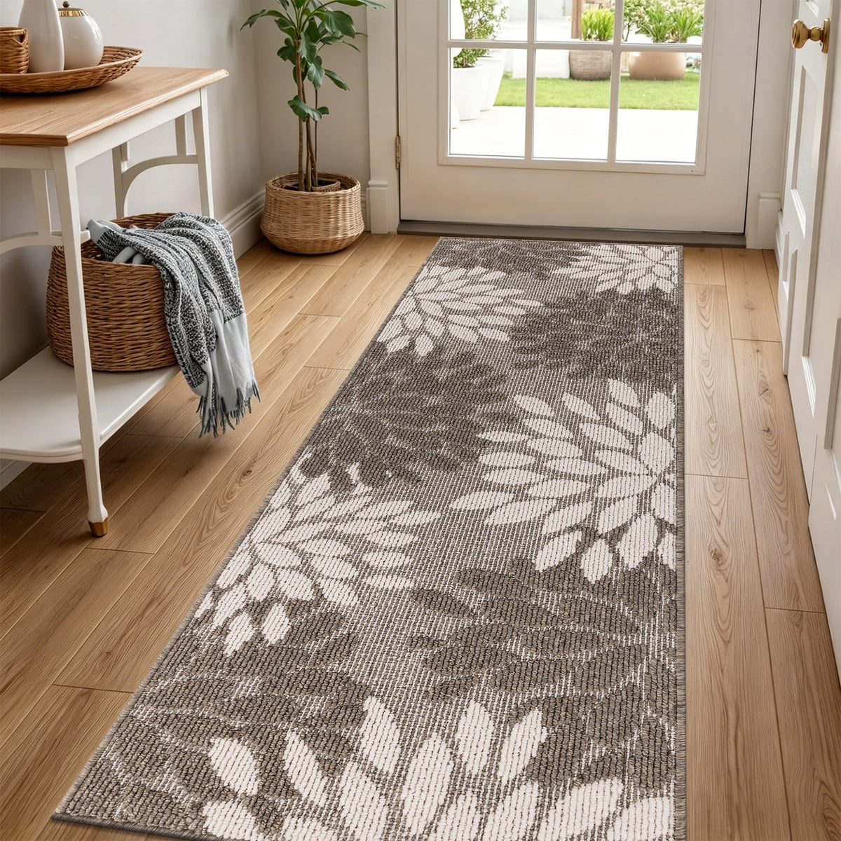 MeyJey 2'x6' Runner Rug for Hallway, Floral Non Slip Washable Rug for Entryway, Kitchen, Laundry Room, Brown Beige