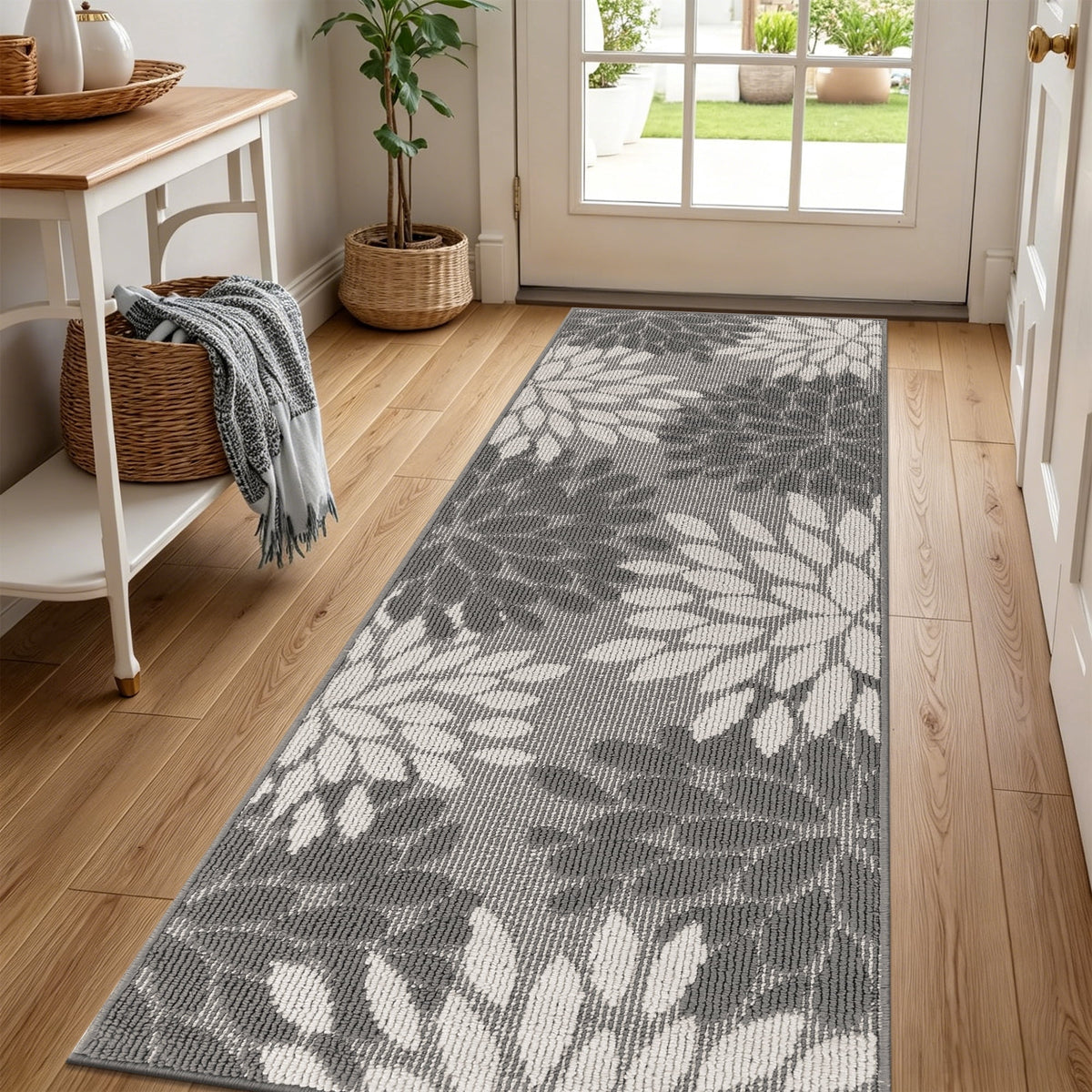 MeyJey 2'x6' Runner Rug for Hallway, Floral Non Slip Washable Rug for Entryway, Kitchen, Laundry Room, Gray White