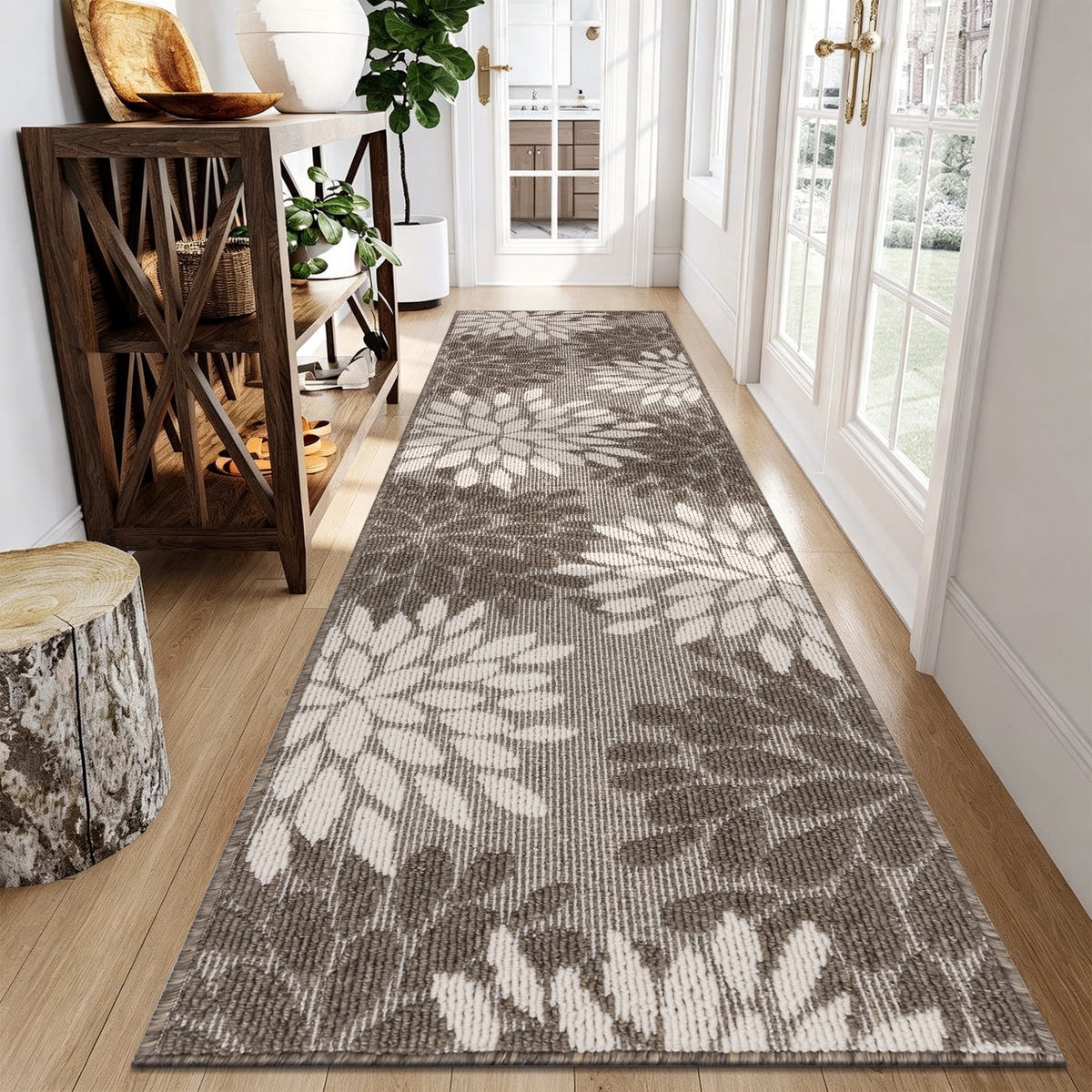 MeyJey 2'x8' Runner Rug for Hallway, Floral Non Slip Washable Rug for Entryway, Kitchen, Laundry Room, Brown Beige