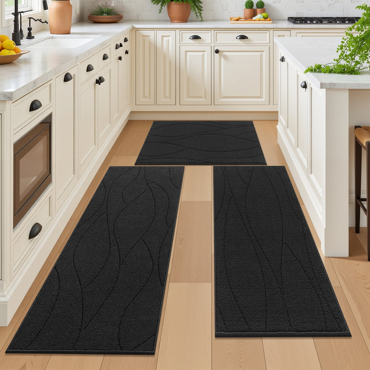 MeyJey Geometric Lines Kitchen Rugs Sets of 3, Non Slip Washable Kitchen Mats for Floor, Black