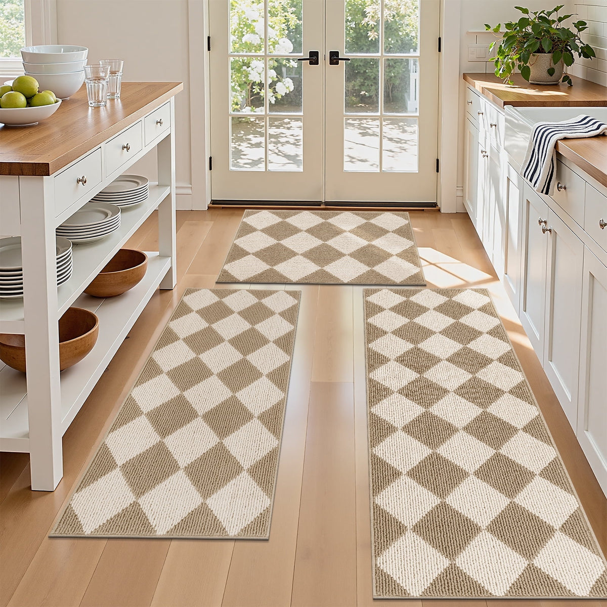 MeyJey Diamond Plaid Kitchen Rugs Sets of 3, Non Slip Kitchen Floor Mats Washable Kitchen Rug, Beige White