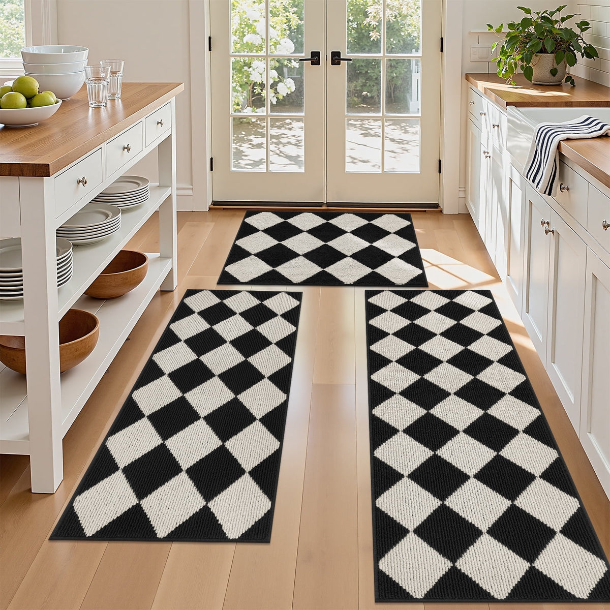 MeyJey Diamond Plaid Kitchen Rugs Sets of 3, Non Slip Kitchen Floor Mats Washable Kitchen Rug, Black White