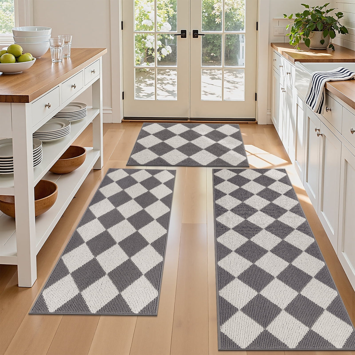 MeyJey Diamond Plaid Kitchen Rugs Sets of 3, Non Slip Kitchen Floor Mats Washable Kitchen Rug, Gray White