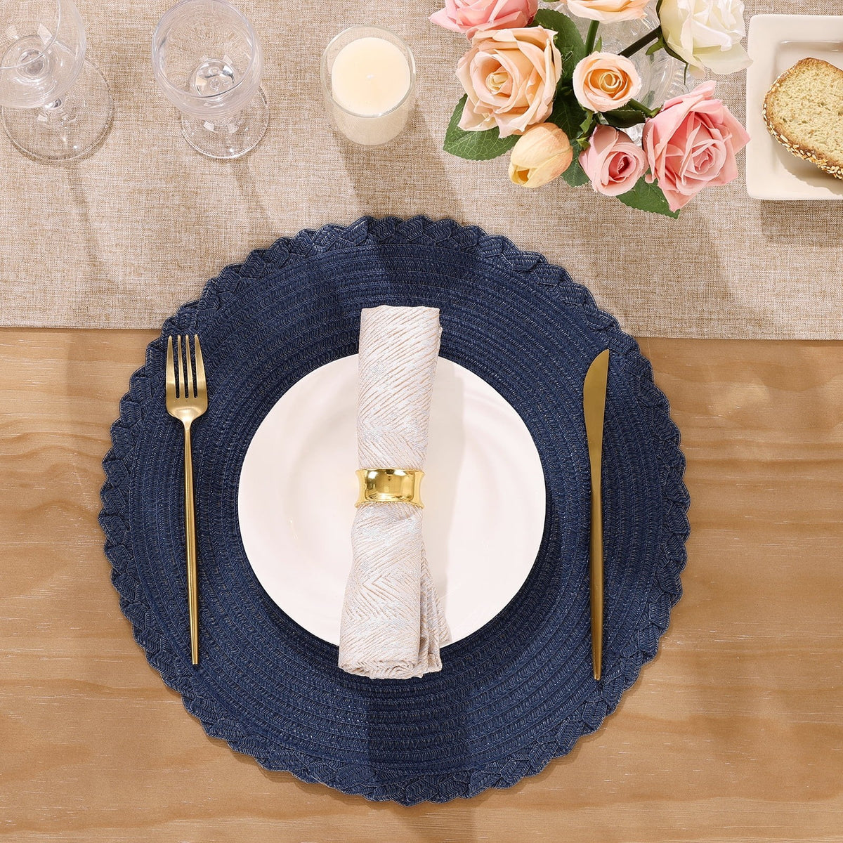 MeyJey 15" Braid Round Placemat Set of 6, Large Cotton Woven Non-Slip Placemat Set of 6 Heat Resistant Placemat 6 Piece, Coffee
