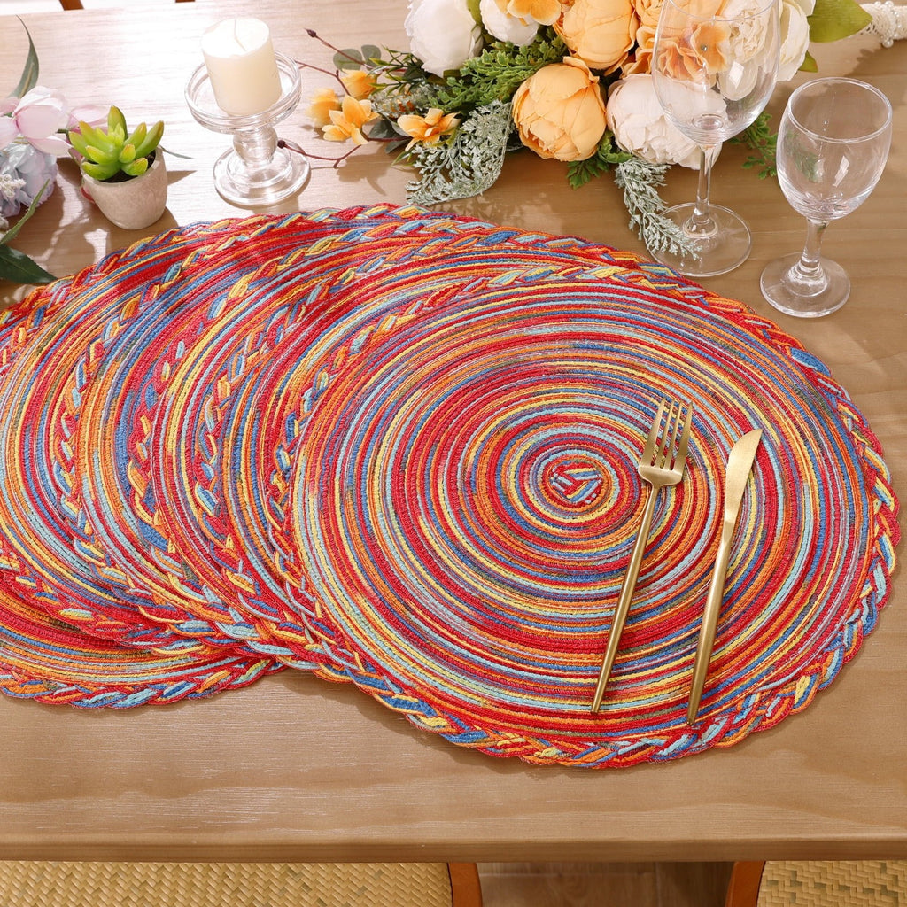 MeyJey 15" Braid Round Placemat Set of 6, Large Cotton Woven Non-Slip Placemat Set of 6 Heat Resistant Placemat 6 Piece, Coffee