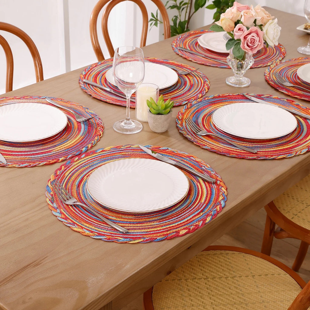 MeyJey 15" Braid Round Placemat Set of 6, Large Cotton Woven Non-Slip Placemat Set of 6 Heat Resistant Placemat 6 Piece, Coffee
