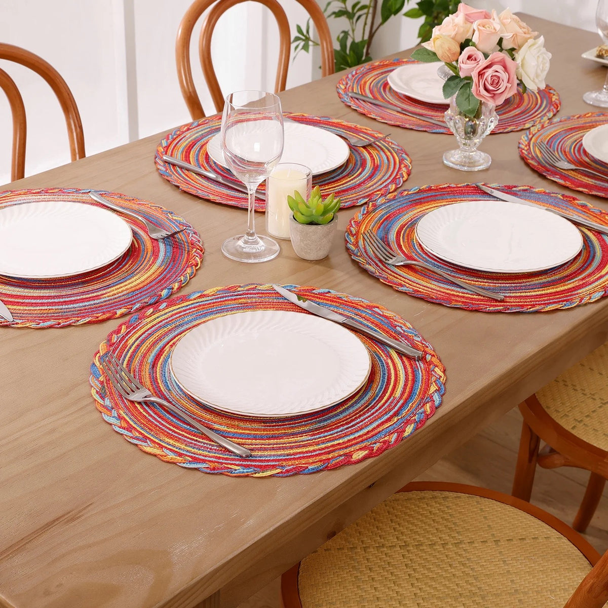 MeyJey 15" Braid Round Placemat Set of 6, Large Cotton Woven Non-Slip Placemat Set of 6 Heat Resistant Placemat 6 Piece, Coffee