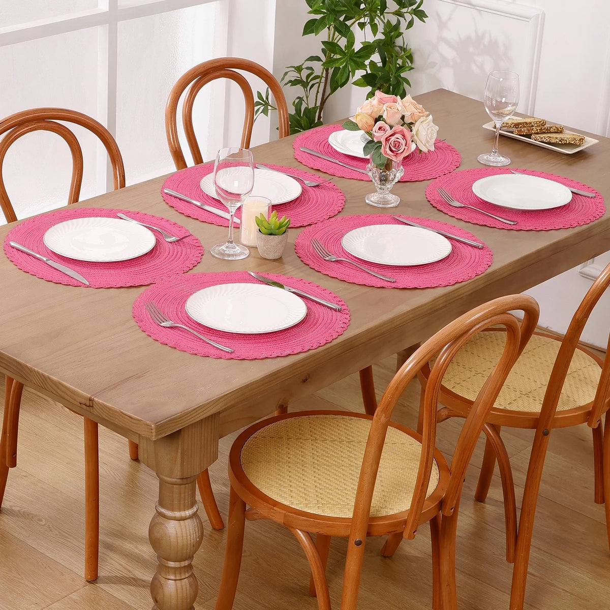MeyJey 15" Braid Round Placemat Set of 6, Large Cotton Woven Non-Slip Placemat Set of 6 Heat Resistant Placemat 6 Piece, Coffee