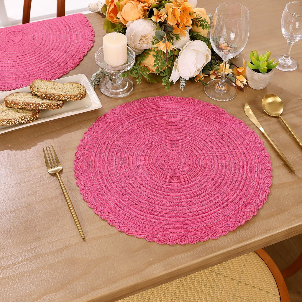 MeyJey 15" Braid Round Placemat Set of 6, Large Cotton Woven Non-Slip Placemat Set of 6 Heat Resistant Placemat 6 Piece, Coffee