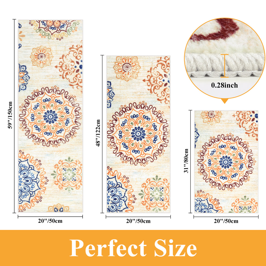 MeyJey Vintage Kitchen Rug Set, 3 Piece Non-Slip Kitchen Mat Machine Washable Runner Rug for Home Floor and Living Room