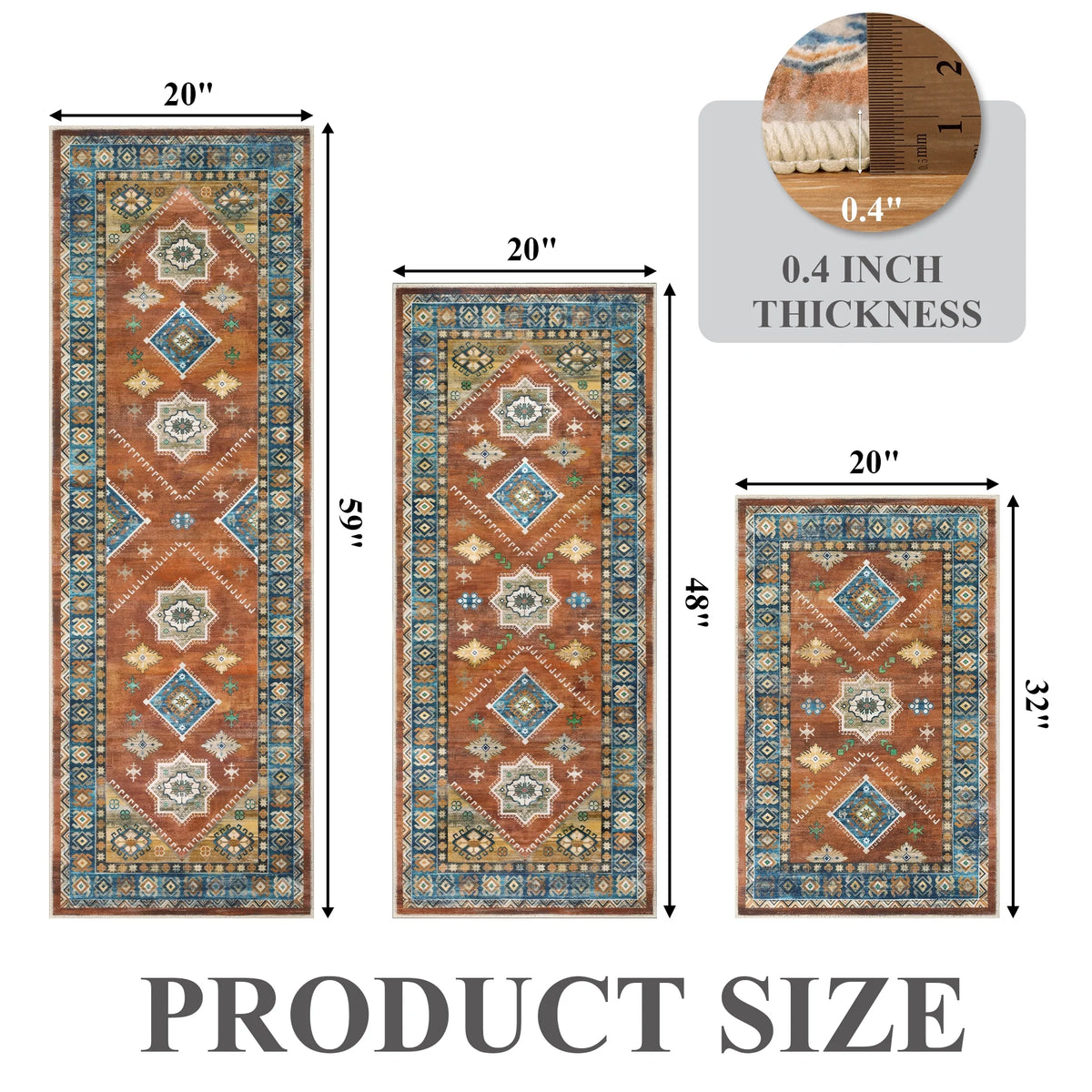 eyJey Vintage Kitchen Rug Set, 3 Piece Non-Slip Kitchen Mat Machine Washable Runner Rug for Home Floor and Living Room
