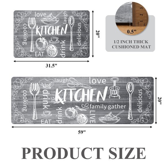 MeyJey Farmhouse Kitchen Rug Set of 2, Non-Slip Anti-Fatigue Waterproof Cushioned Mat for Kitchen, Dining & Laundry Room, 20"x31.5"+20"x59"