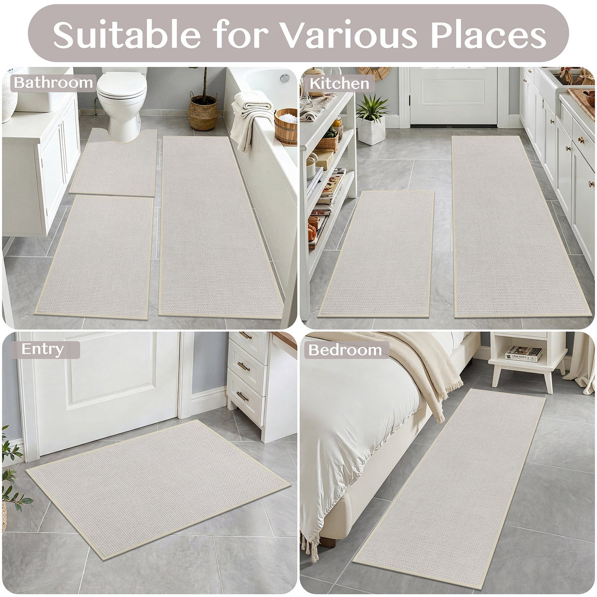Ileading 3pcs Bathroom Rugs Set with U-Shaped Mat, Non Slip, Soft, Absorbent Bath Mats for Tub, Shower, Toilet 18"x26"+18"x48"+U Shape 20"x24" Beige