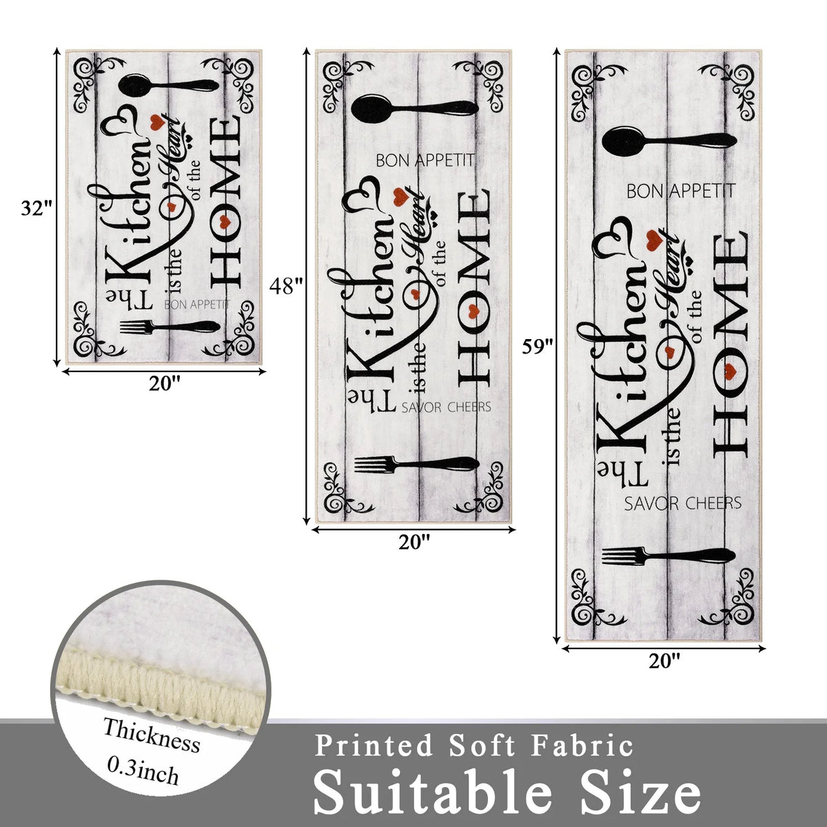 MeyJey Farmhouse Kitchen Rug Set, 3 Piece Non-Slip Kitchen Mat Machine Washable Runner Rug for Home Floor and Living Room, Washed