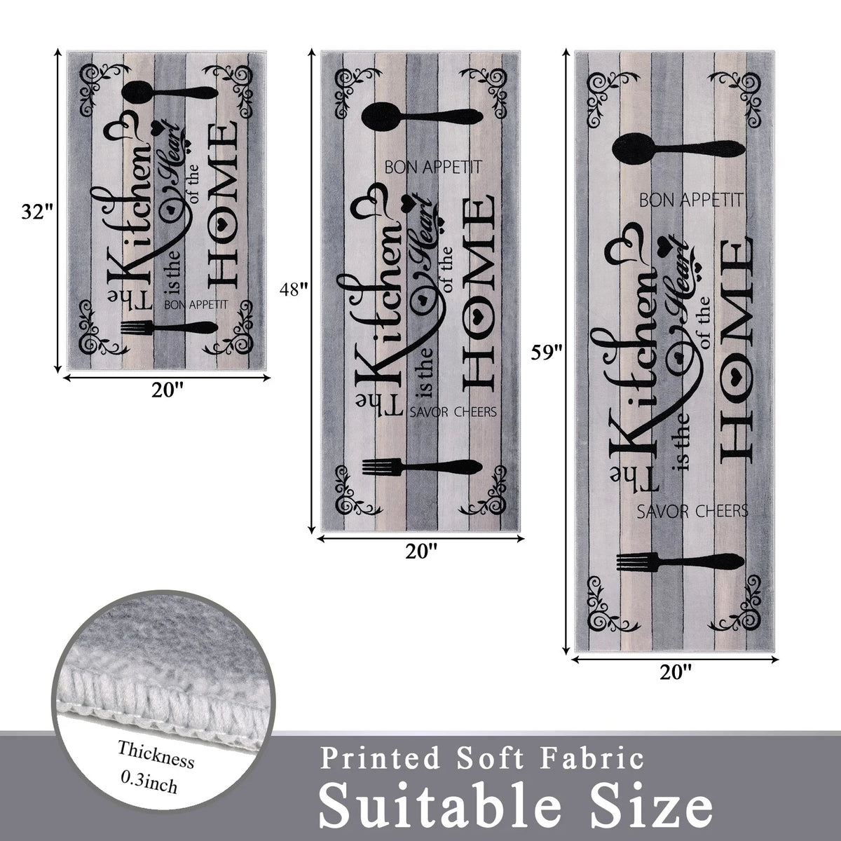 MeyJey Farmhouse Kitchen Rug Set, 3 Piece Non-Slip Kitchen Mat Machine Washable Runner Rug for Home Floor and Living Room, Washed