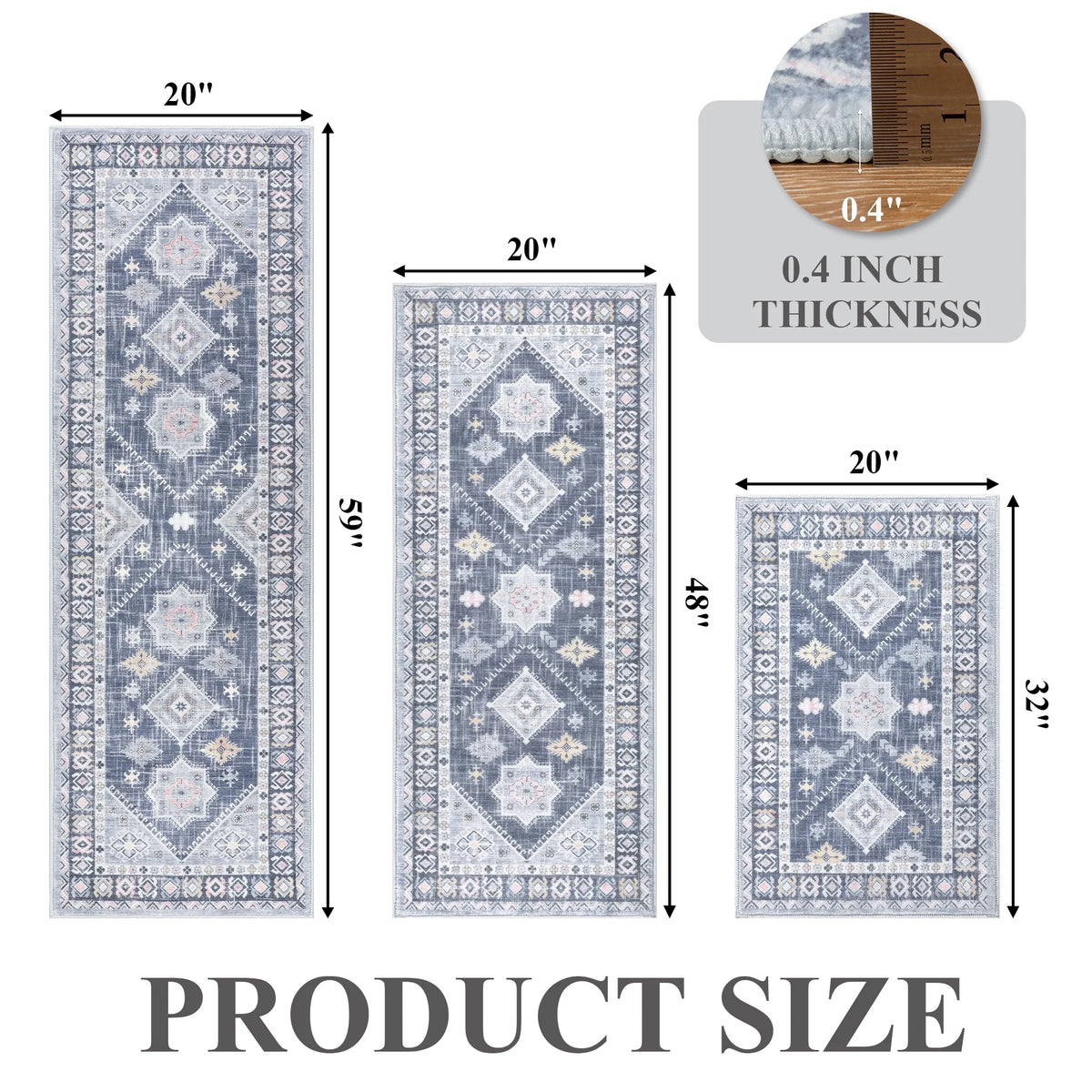 eyJey Vintage Kitchen Rug Set, 3 Piece Non-Slip Kitchen Mat Machine Washable Runner Rug for Home Floor and Living Room