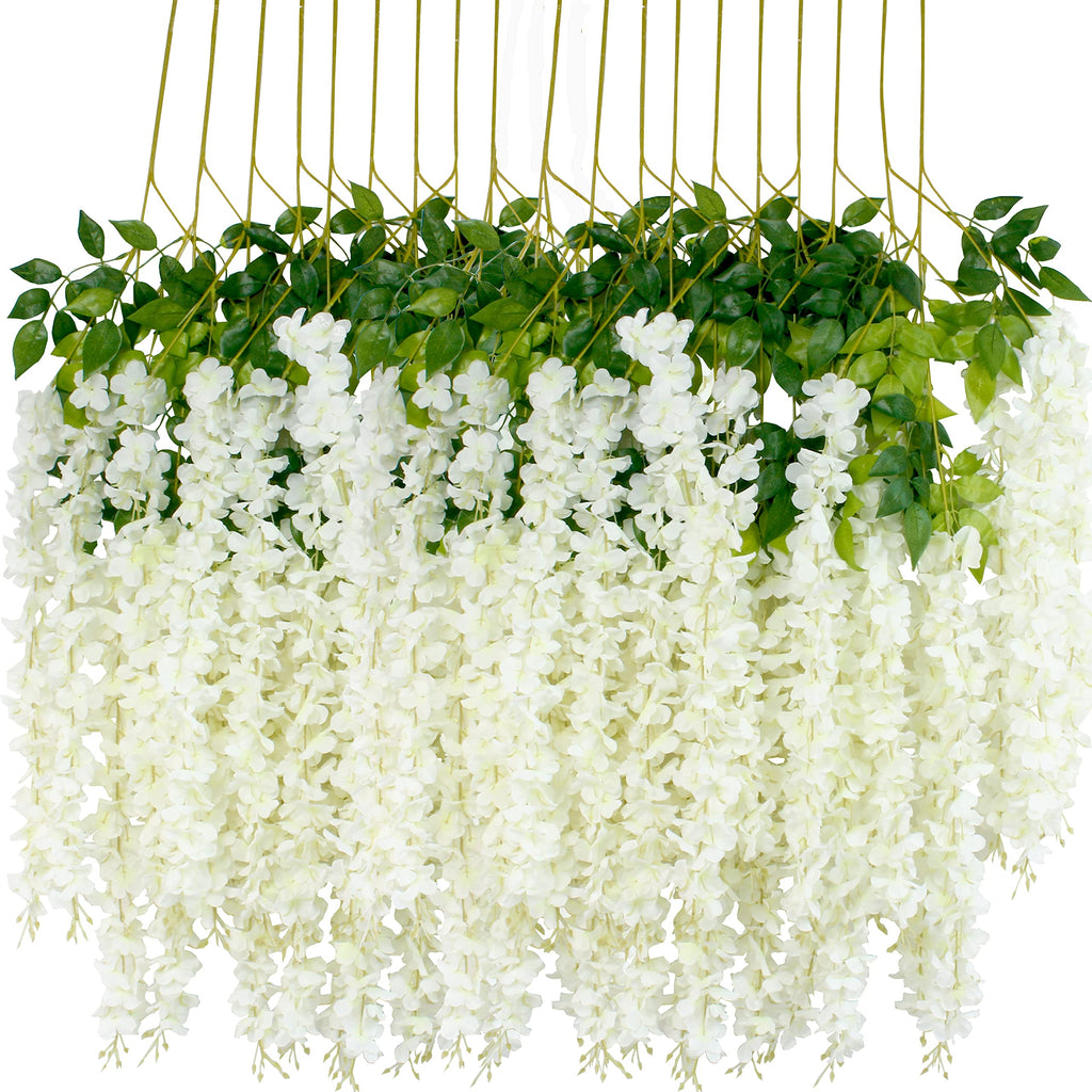 MeyJey 24Pcs Artificial Wisteria Flowers  White Dense Artificial Fake Wisteria Vine Ratta Hanging Garland Silk Flowers String Home Party Wedding Decor(White-Dense)