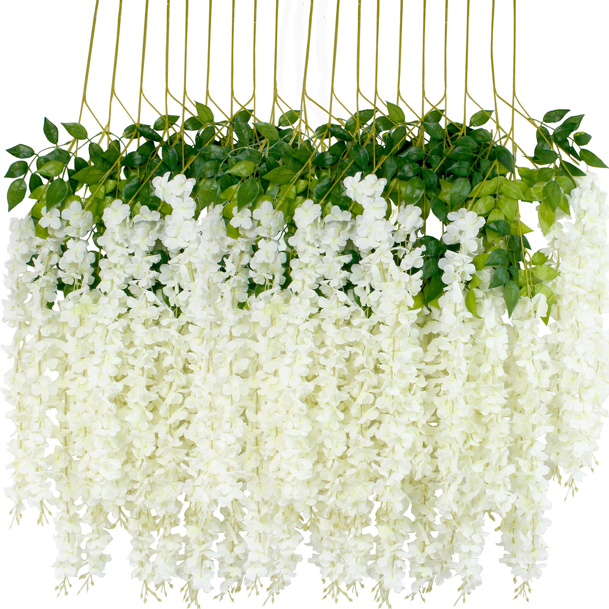 MeyJey 24Pcs Artificial Wisteria Flowers  White Dense Artificial Fake Wisteria Vine Ratta Hanging Garland Silk Flowers String Home Party Wedding Decor(White-Dense)