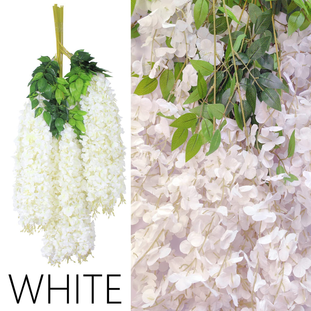 MeyJey 24Pcs Artificial Wisteria Flowers  White Dense Artificial Fake Wisteria Vine Ratta Hanging Garland Silk Flowers String Home Party Wedding Decor(White-Dense)