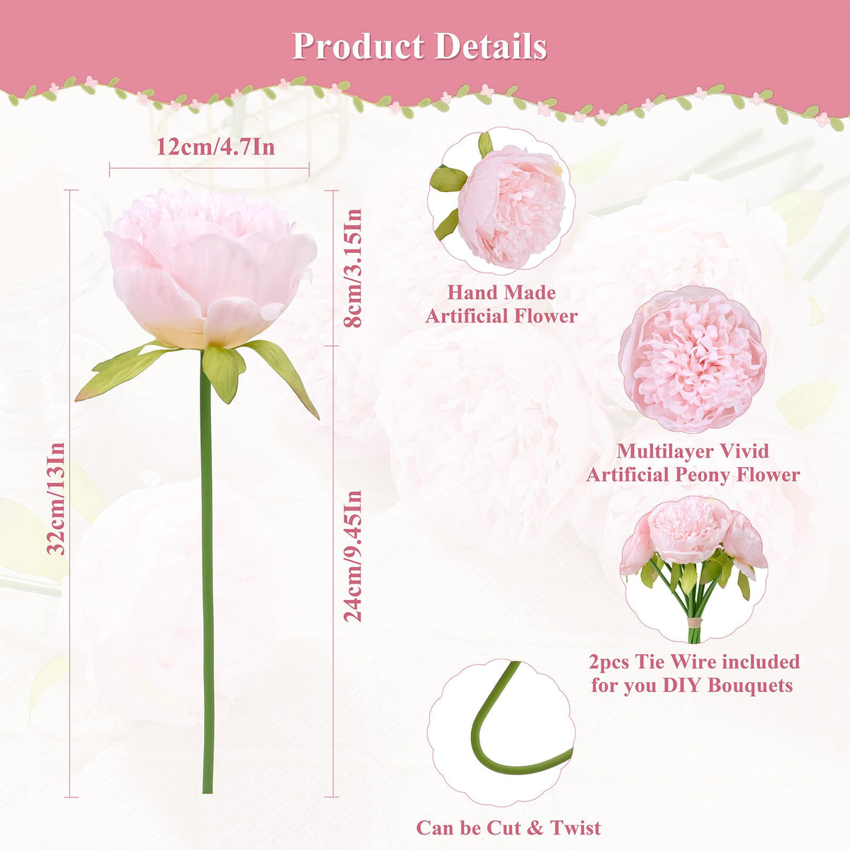MeyJey 10 Heads Artificial Peony Silk Flower Leaf Home Office Wedding Party Festival Bar Decor (Cream White)
