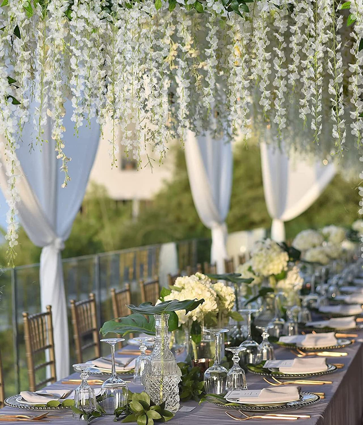 MeyJey 24Pcs Artificial Wisteria Flowers  White Dense Artificial Fake Wisteria Vine Ratta Hanging Garland Silk Flowers String Home Party Wedding Decor(White-Dense)