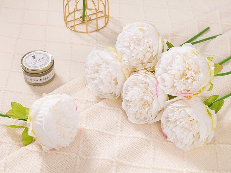 MeyJey 10 Heads Artificial Peony Silk Flower Leaf Home Office Wedding Party Festival Bar Decor (Cream White)