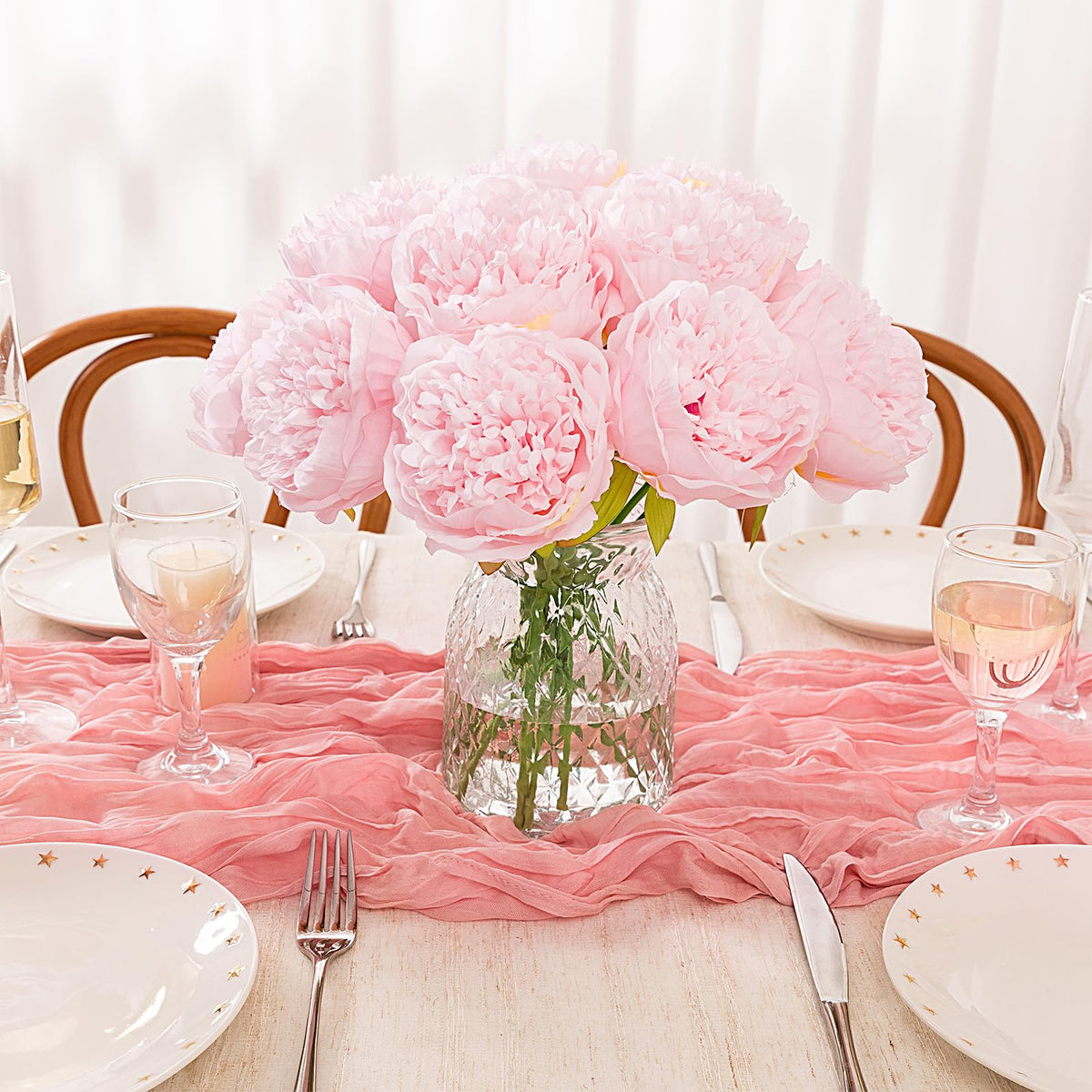 MeyJey 10 Heads Artificial Peony Silk Flower Leaf Home Office Wedding Party Festival Bar Decor (Cream White)