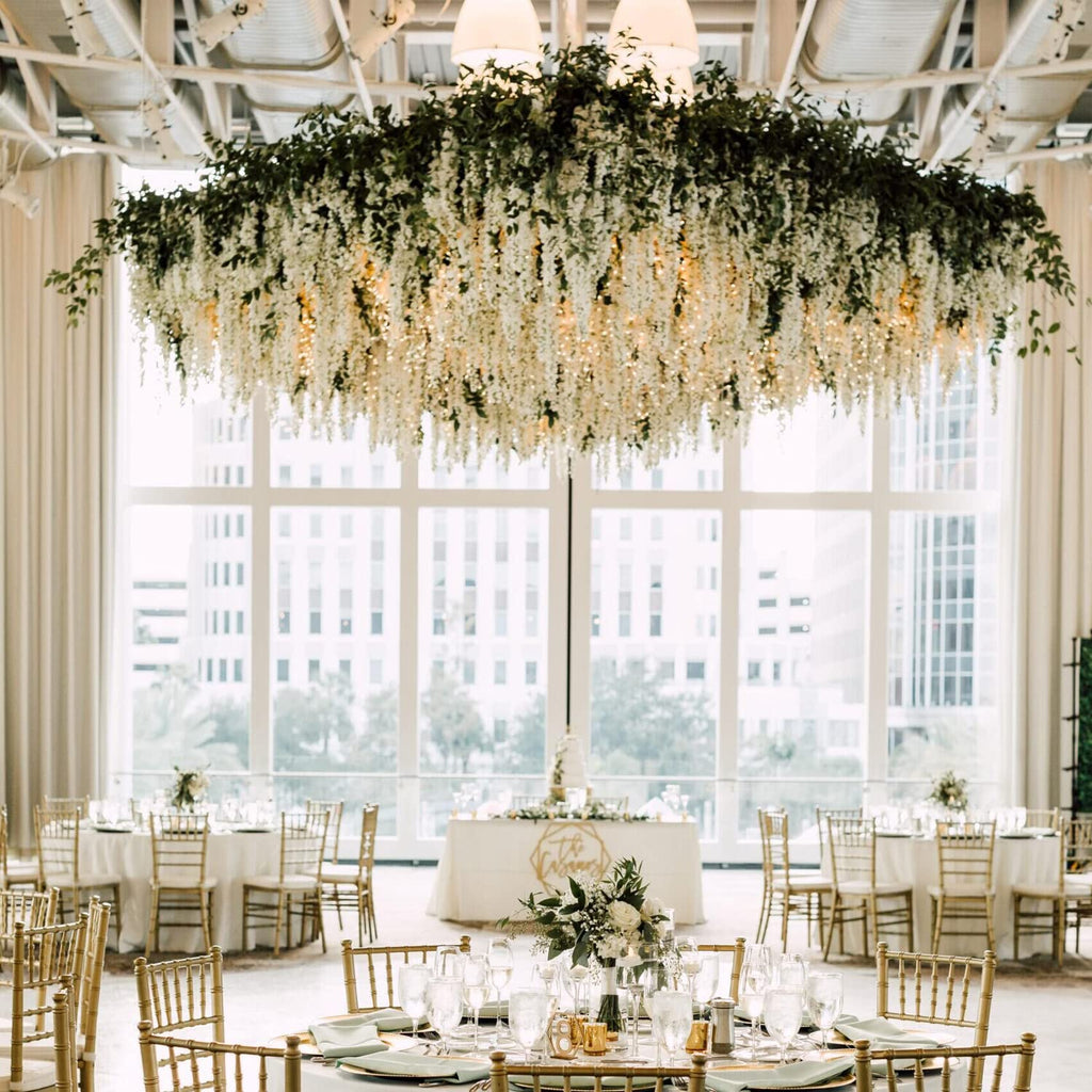 MeyJey 24Pcs Artificial Wisteria Flowers  White Dense Artificial Fake Wisteria Vine Ratta Hanging Garland Silk Flowers String Home Party Wedding Decor(White-Dense)