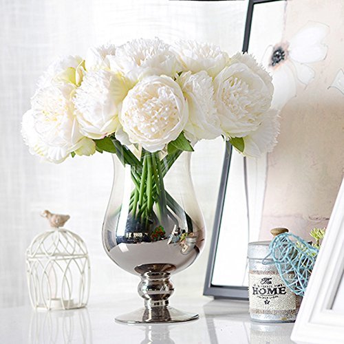 MeyJey 10 Heads Artificial Peony Silk Flower Leaf Home Office Wedding Party Festival Bar Decor (Cream White)
