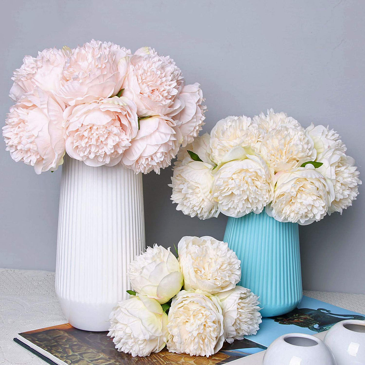 MeyJey 10 Heads Artificial Peony Silk Flower Leaf Home Office Wedding Party Festival Bar Decor (Cream White)