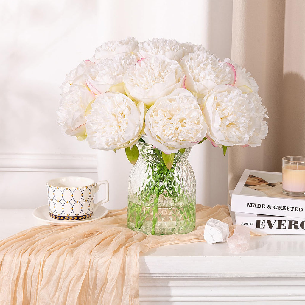 MeyJey 10 Heads Artificial Peony Silk Flower Leaf Home Office Wedding Party Festival Bar Decor (Cream White)