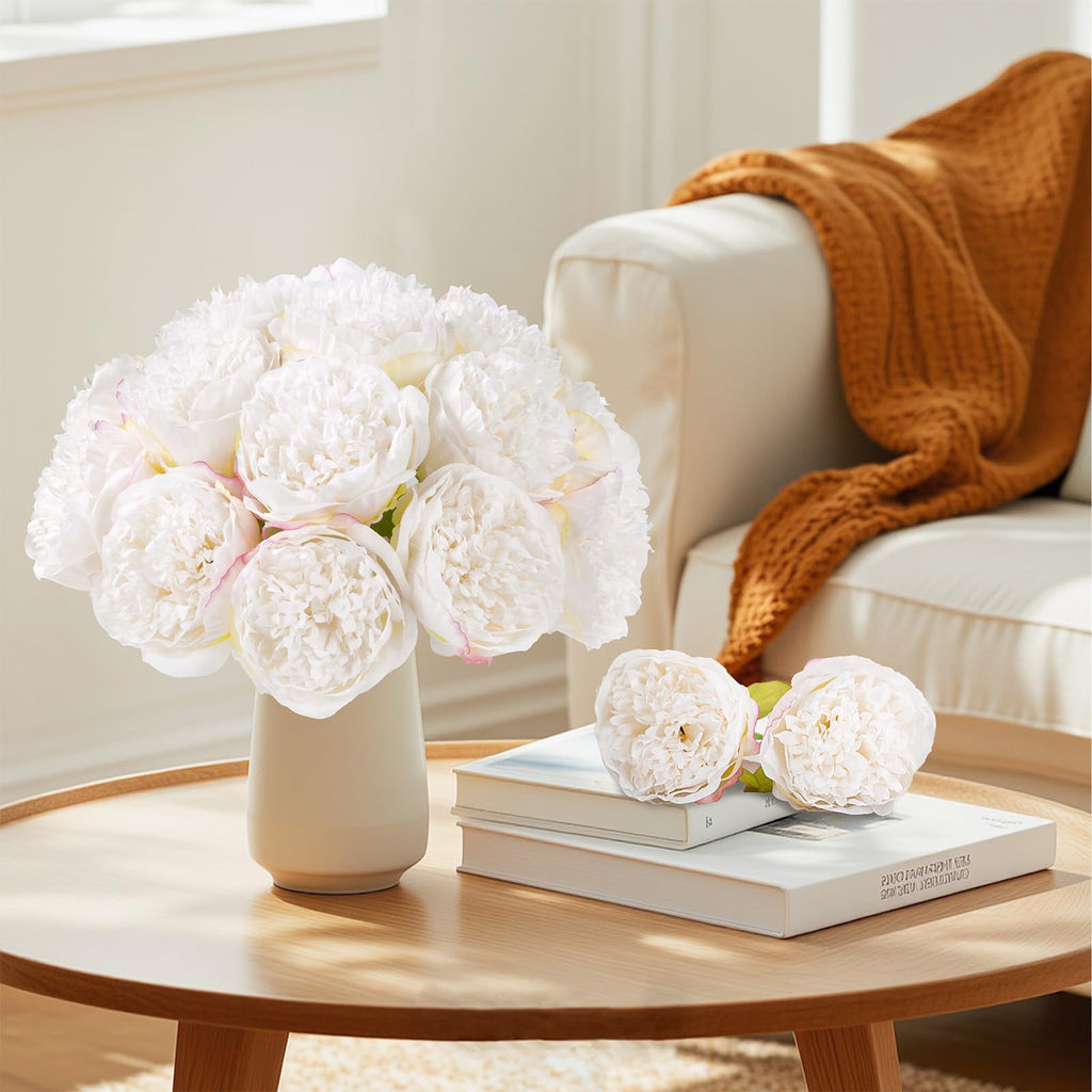 MeyJey 10 Heads Artificial Peony Silk Flower Leaf Home Office Wedding Party Festival Bar Decor (Cream White)