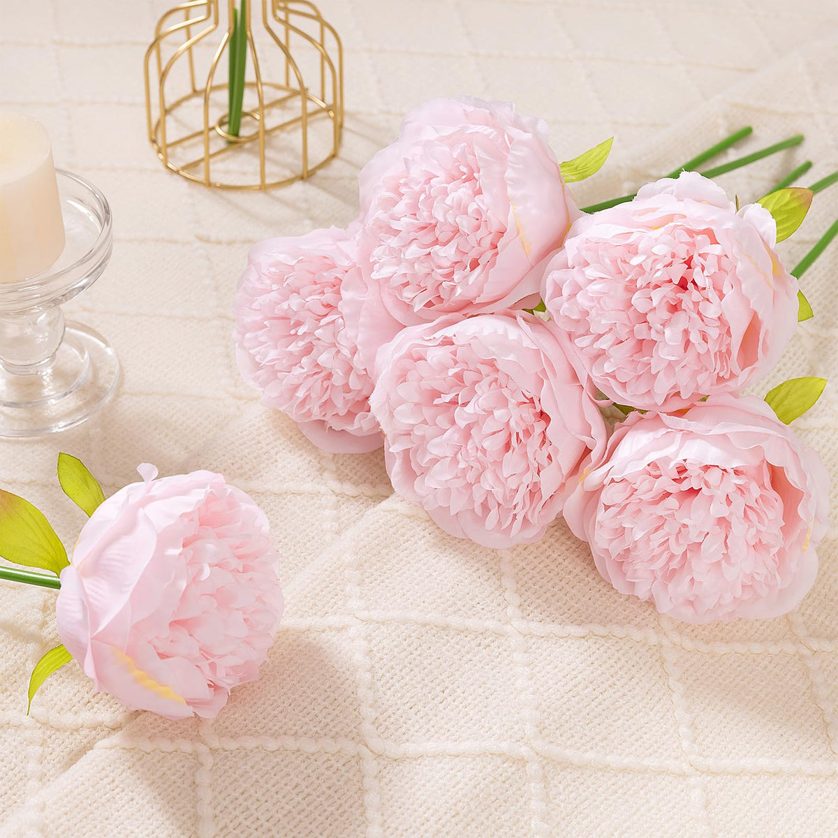 MeyJey 10 Heads Artificial Peony Silk Flower Leaf Home Office Wedding Party Festival Bar Decor (Cream White)