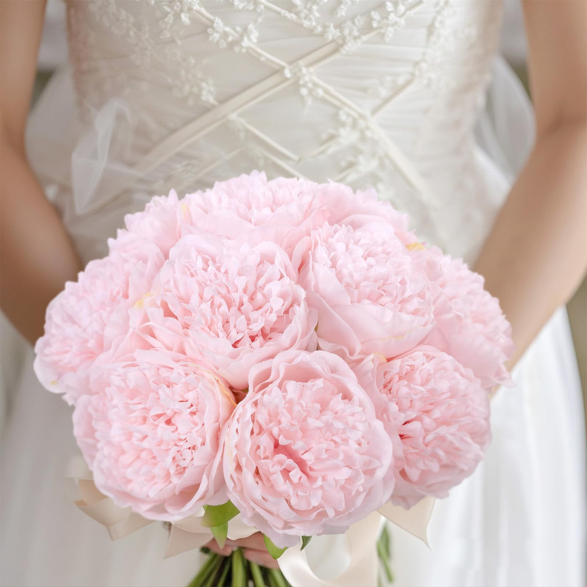 MeyJey 10 Heads Artificial Peony Silk Flower Leaf Home Office Wedding Party Festival Bar Decor (Cream White)