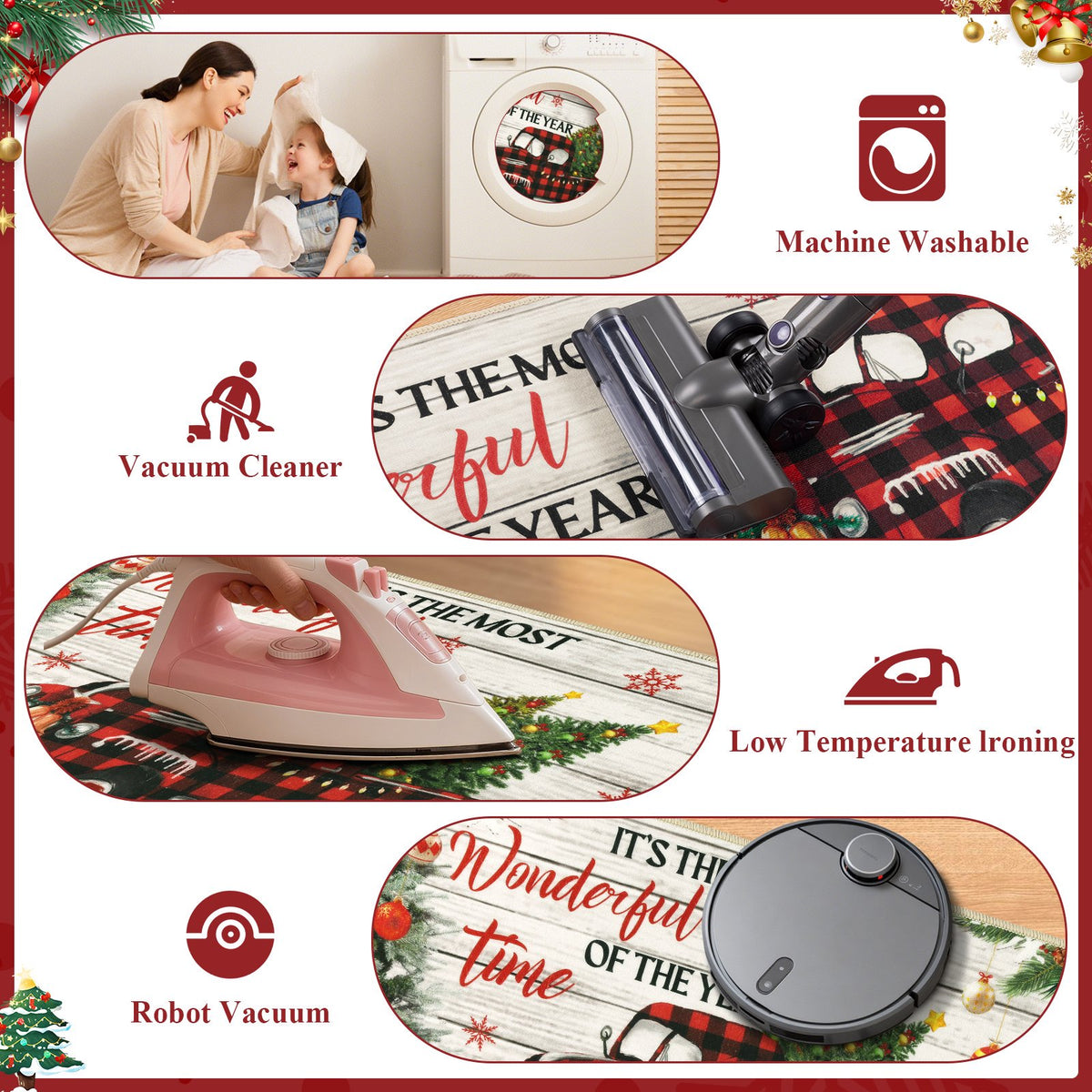 MeyJey Christmas Kitchen Rugs Sets of 3, Non Slip Christmas Tree Rug for Kitchen, Farmhouse Kitchen Mats for Floor Washable Floor Carpet Set for Winter Xmas Holiday Decoration