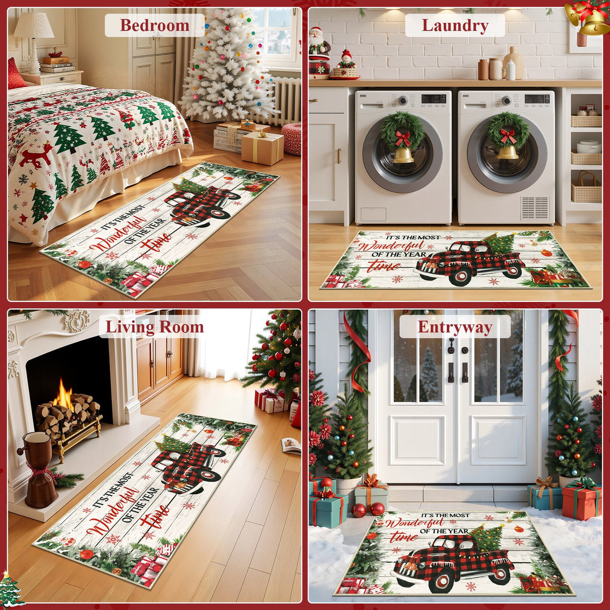 MeyJey Christmas Kitchen Rugs Sets of 3, Non Slip Christmas Tree Rug for Kitchen, Farmhouse Kitchen Mats for Floor Washable Floor Carpet Set for Winter Xmas Holiday Decoration