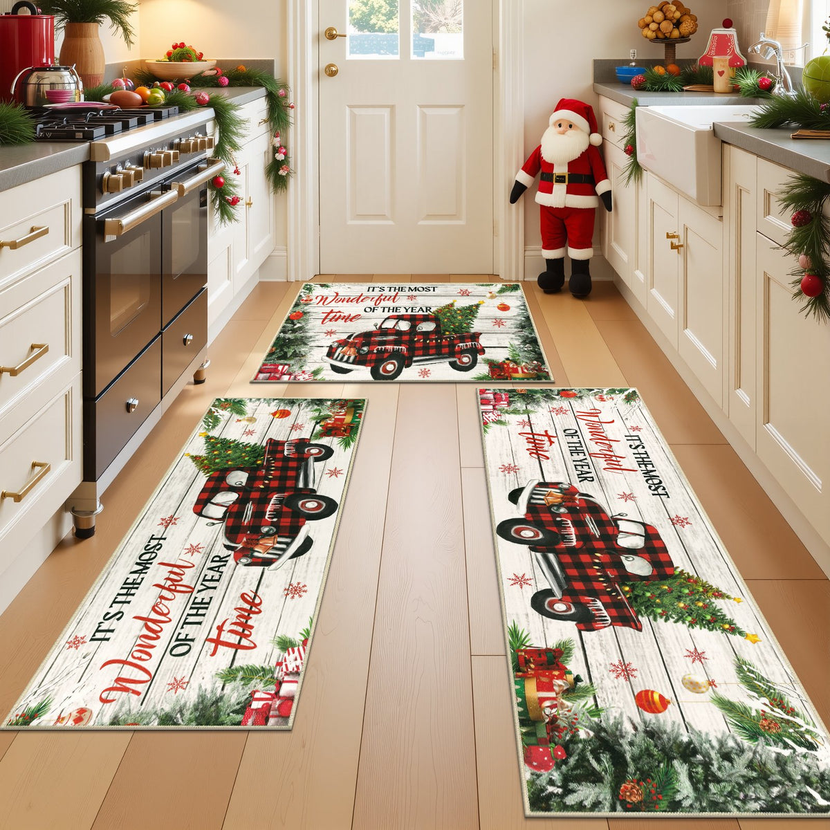 MeyJey Christmas Kitchen Rugs Sets of 3, Non Slip Christmas Tree Rug for Kitchen, Farmhouse Kitchen Mats for Floor Washable Floor Carpet Set for Winter Xmas Holiday Decoration